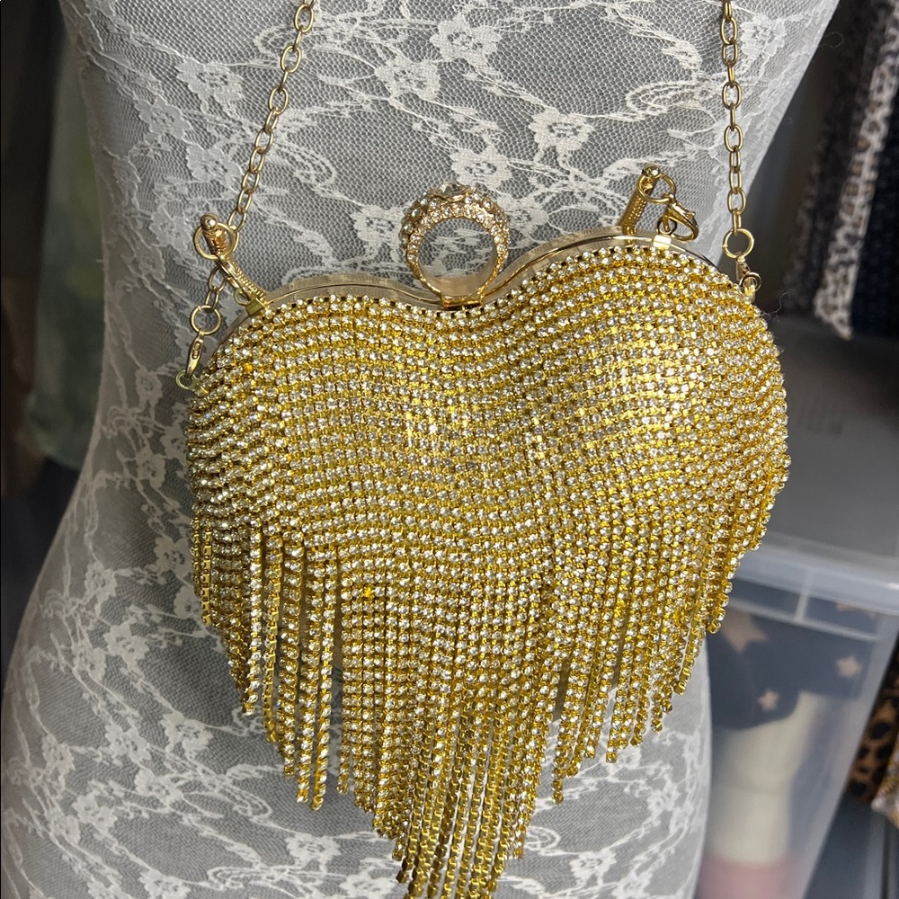 Gold Heart Rhinestone Fringe Bag